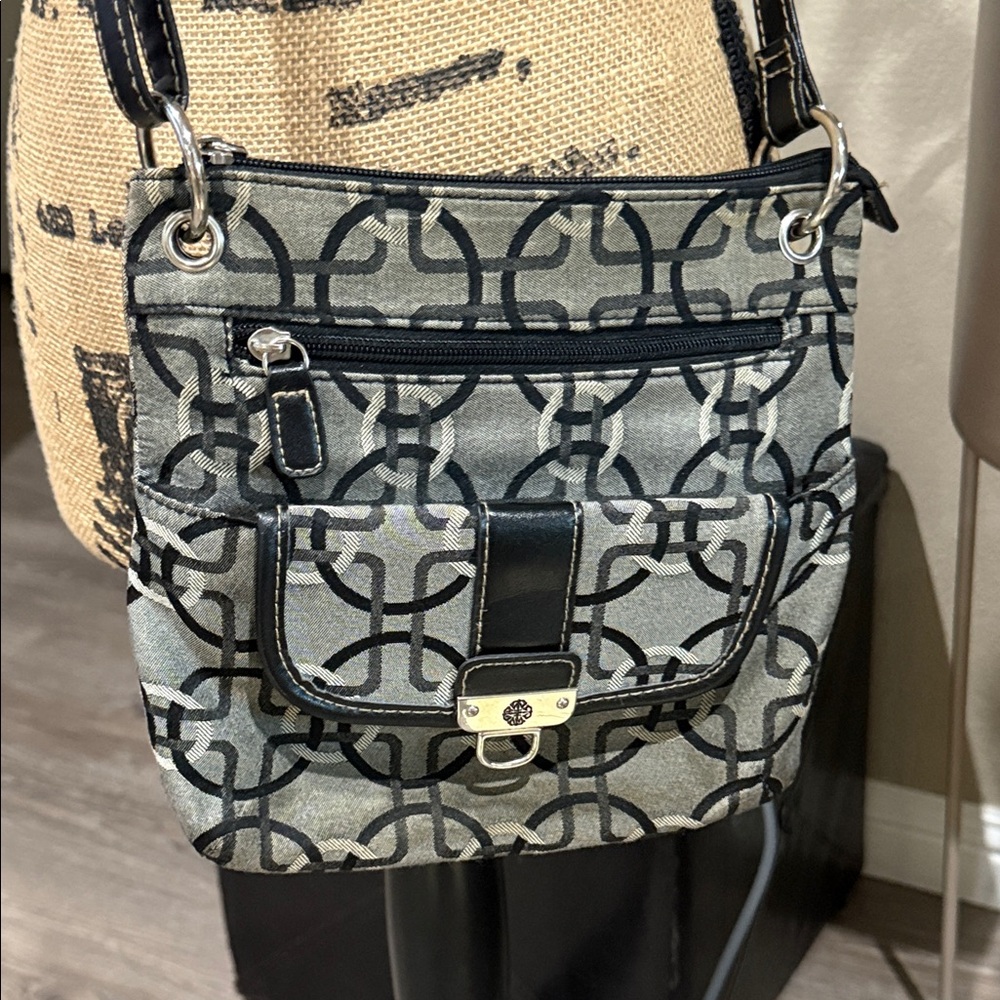 Monogram Print Crossbody Bag in Black and Gray